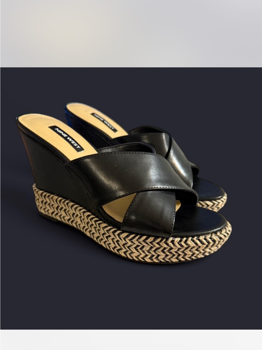 Nine West Black Leather Espadrille Platform Wedges